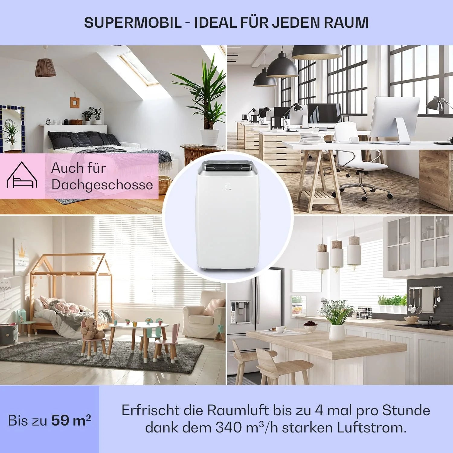 Klarstein Condizionatore Portatile 3-in-1 con Tubo di Scarico, Climatizzatore con Ventilatore, Deumidificatore e Modalità Notturna, Climatizzatore Piccolo e Portatile per Casa e Ufficio, 12000 BTU Basso Consumo