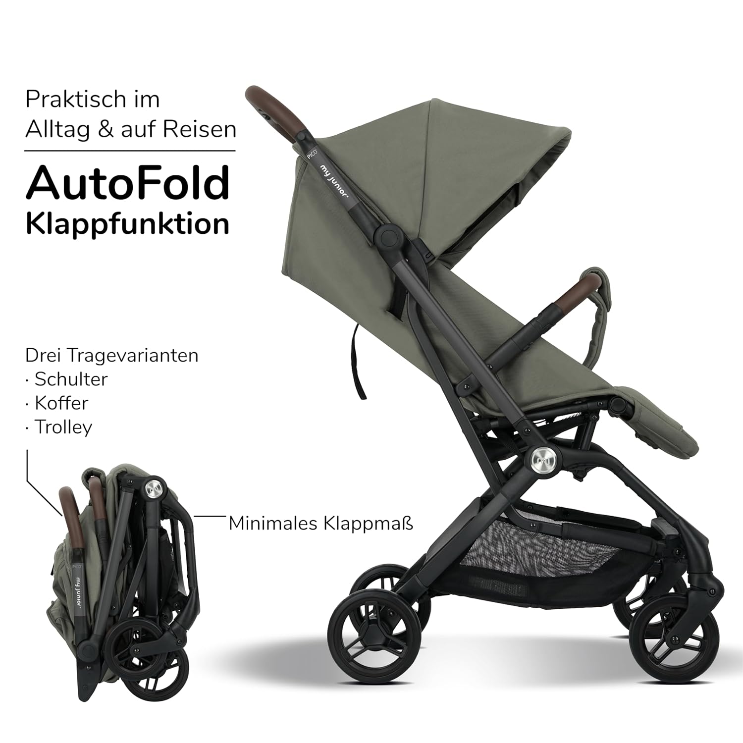 my junior® Buggy PICO³ | bis 22kg | Einhand AutoFold-Klappmechanismus | Ergonomische Liegeposition nach IGR e.V. | großes Sonnenverdeck UV50+ | Handgepäckmaß | 2 Belüftungsfenster Hazel - Black