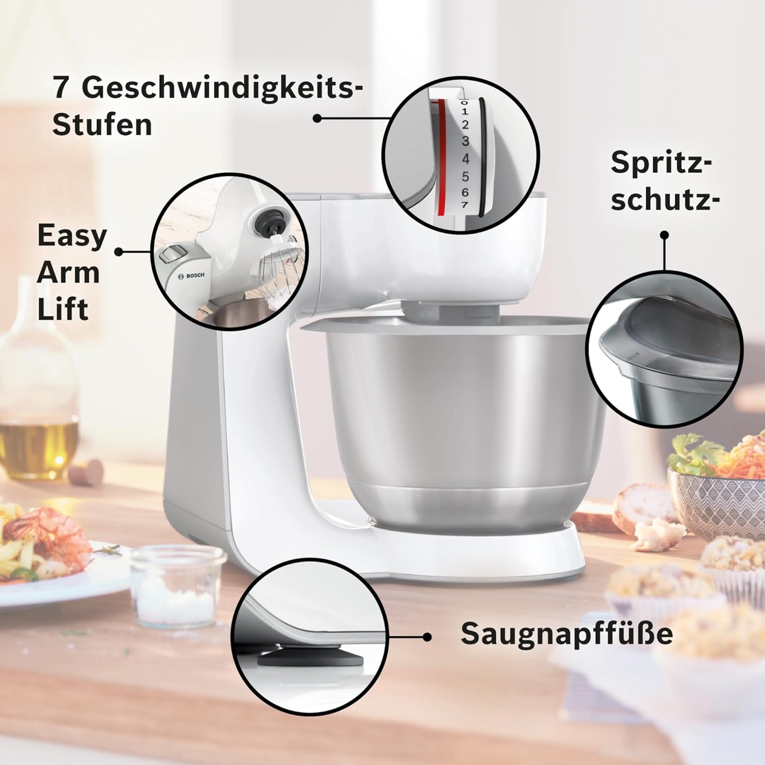 Bosch Robot da cucina Serie 4 MUM58720, ciotola in acciaio inox 3,9 L, frullatore 1,25 L, movimento planetario, gancio impastatore, frusta, frusta, tritacarne continuo, 3 dischi, 1000 W, rosso scuro/argento
