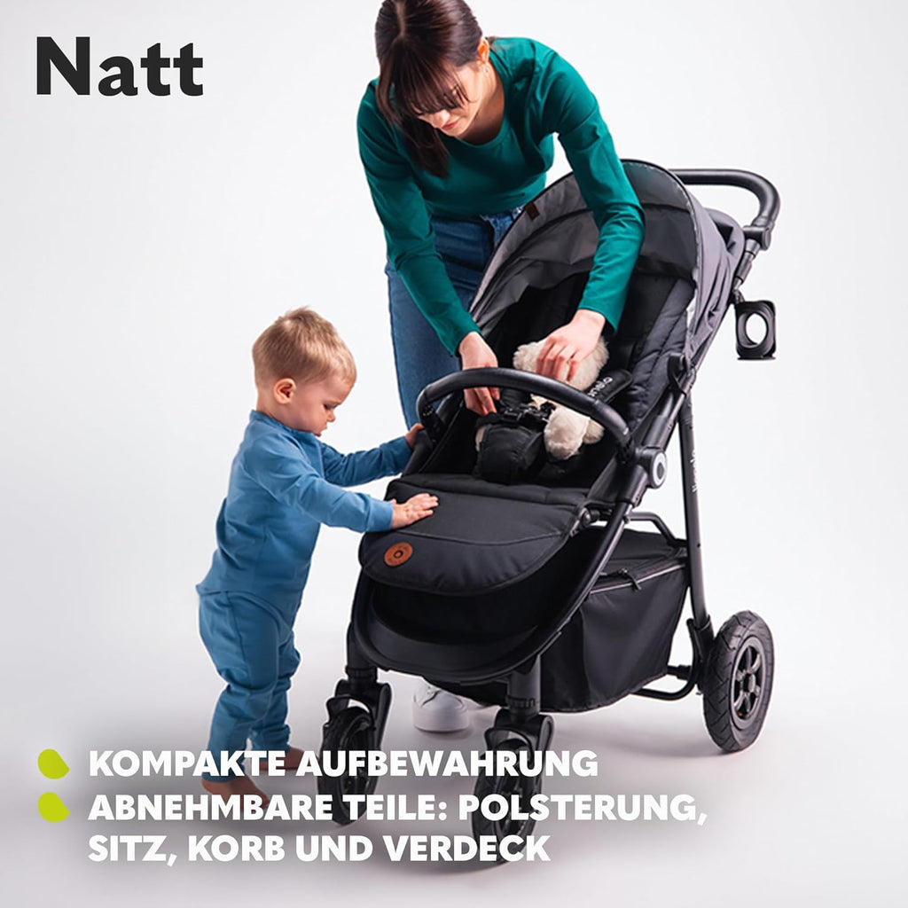 Passeggino LIONELO Natt fino a 22 kg, manico e schienale regolabili in posizione reclinata, cintura a 5 punti, grandi ruote fuoristrada, cappottina impermeabile XXL, 0-4 anni