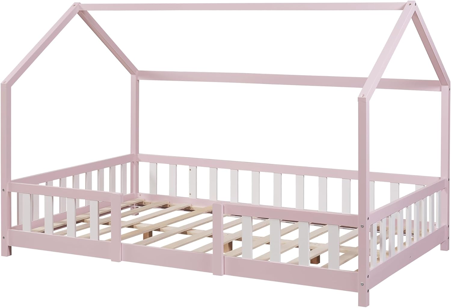 [en.casa] Letto per bambini Sisimiut a capanna 80 x 160 cm con protezione anticaduta letto in legno per bambini letto a terra rete a doghe in legno di pino Bianco opaco
