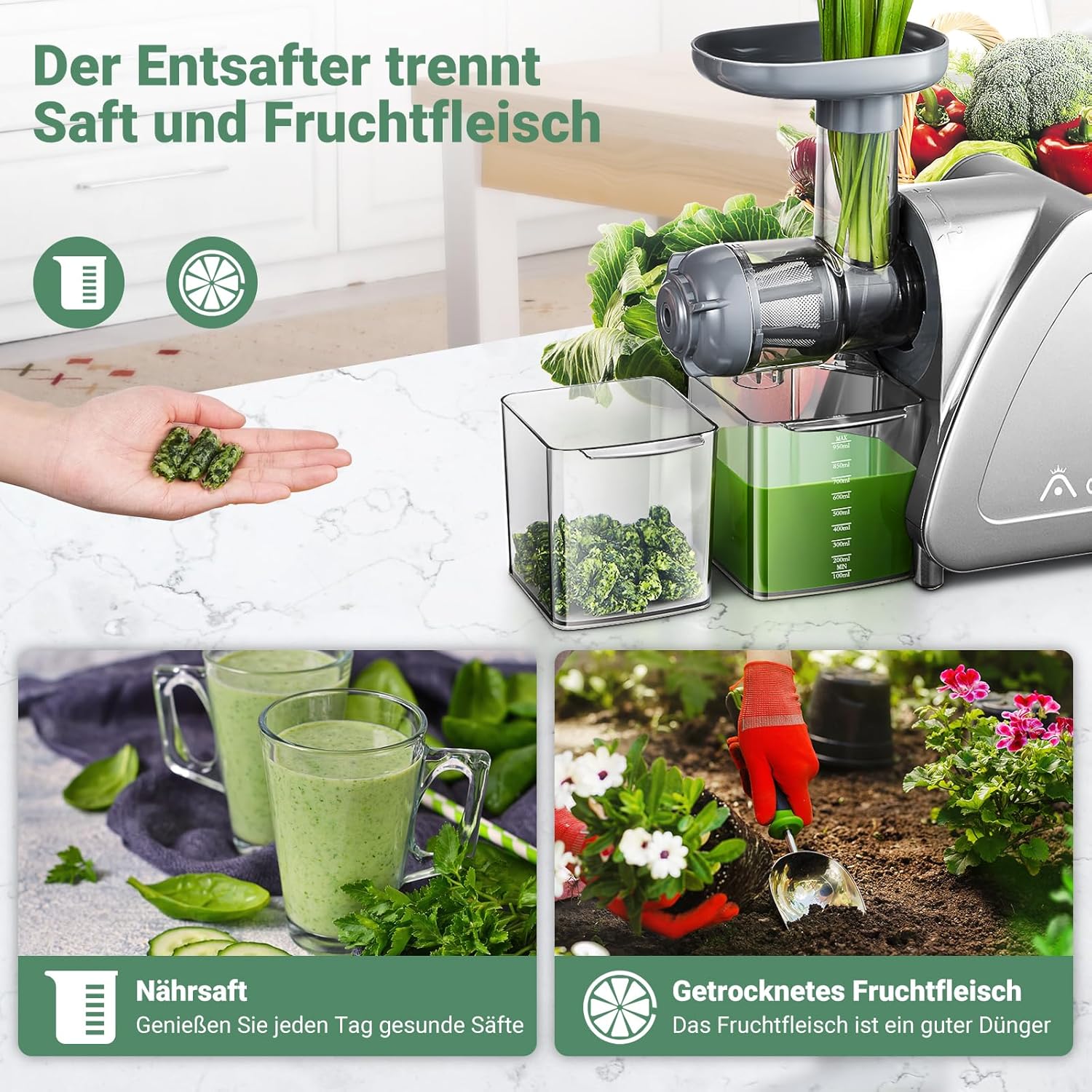 【Neues】Entsafter AOBOSI-Slow juicer mit 2 Geschwindigkeitsstufen-Entsafter gemüse und obst mit 8 stufiger Schnecke-Saftpresse mit Reinigungsbürste&2 Bechern-Obstpresse mit Reversierfunktion