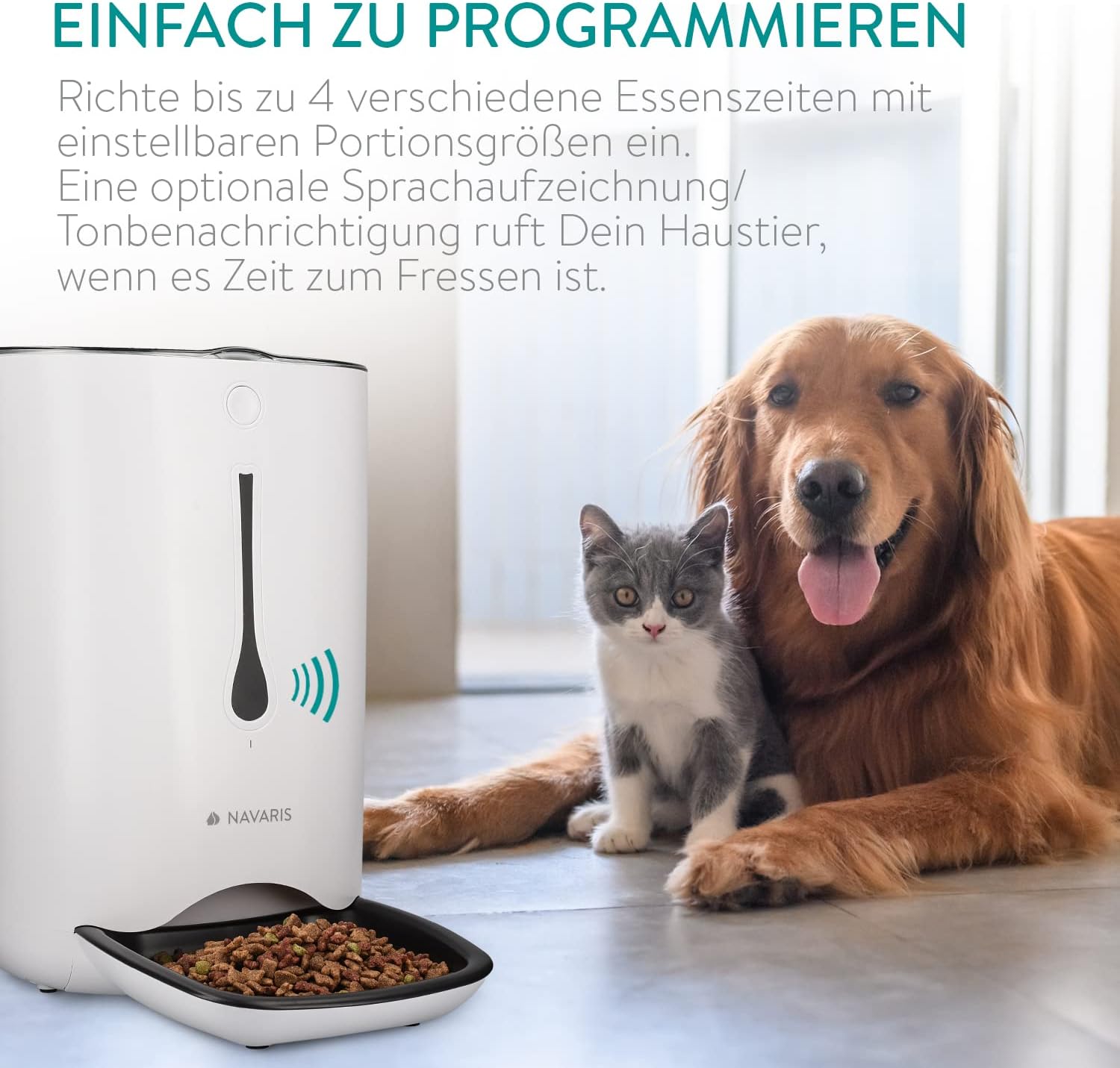 Navaris Distributore Automatico di Cibo con Timer - Ciotola per Alimenti Automatica da 6L con Timer e Notifica Sonora - per Cane e Gatto