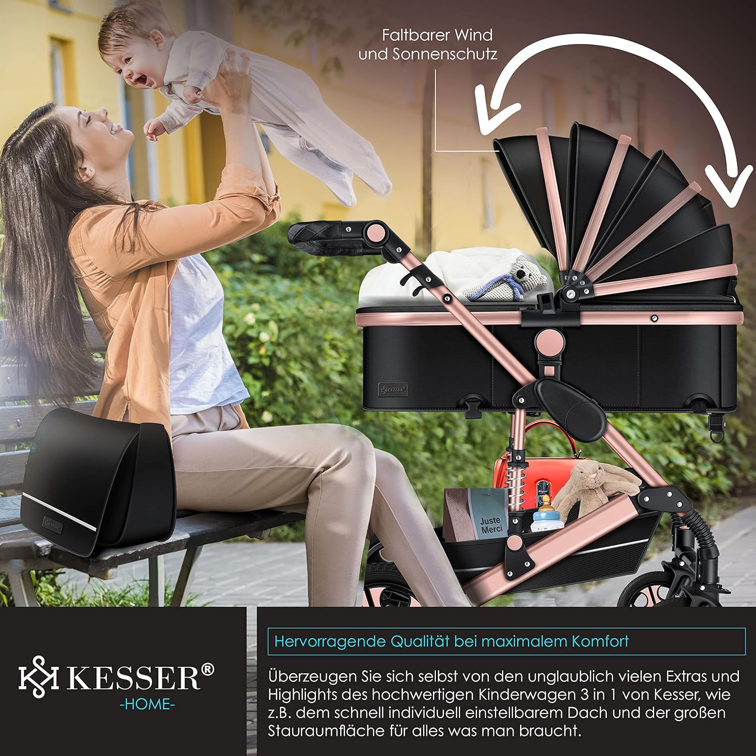 KESSER Loops 3 in 1 Passeggino Combinato, Set Completo con Navicella, Seduta Sportiva Buggy e Seggiolino Auto Ovetto, Gomme Piene, Borsa Fasciatoio, Parapioggia, Tavolino, ECE R129, Nero/Champagne
