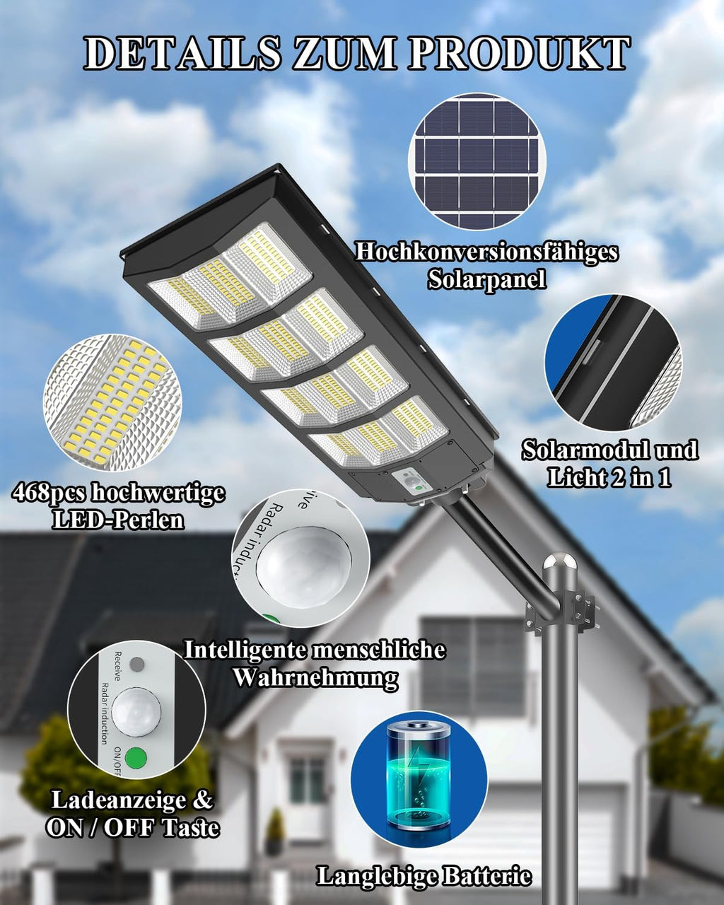 Bellanny 600W LED Solar Straßenlaterne | 6500K Wandleuchte mit Bewegungsmelder Sensor | IP65 Wasserdichte Straßenlampe Außen-Sicherheitsbeleuchtung Strahler für Garten Hof Garage Haustüren Wege,4Pcs