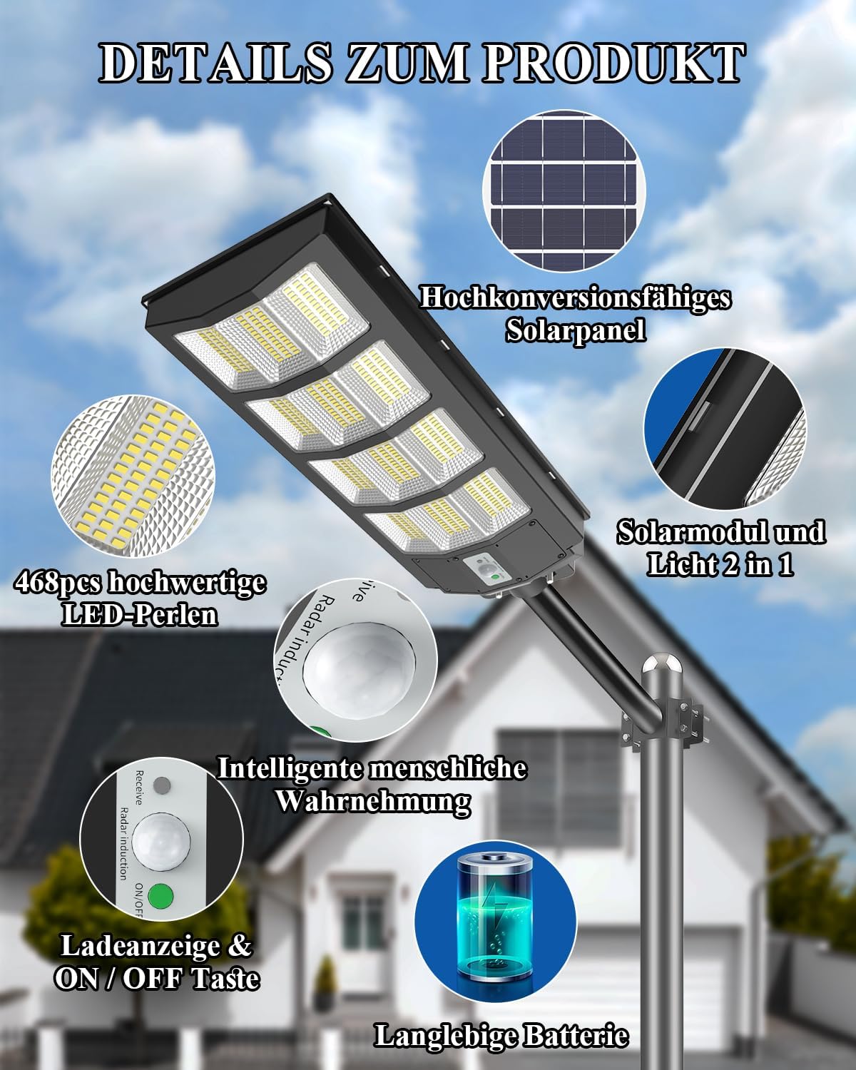 Bellanny 600W LED Solar Straßenlaterne | 6500K Wandleuchte mit Bewegungsmelder Sensor | IP65 Wasserdichte Straßenlampe Außen-Sicherheitsbeleuchtung Strahler für Garten Hof Garage Haustüren Wege,4Pcs
