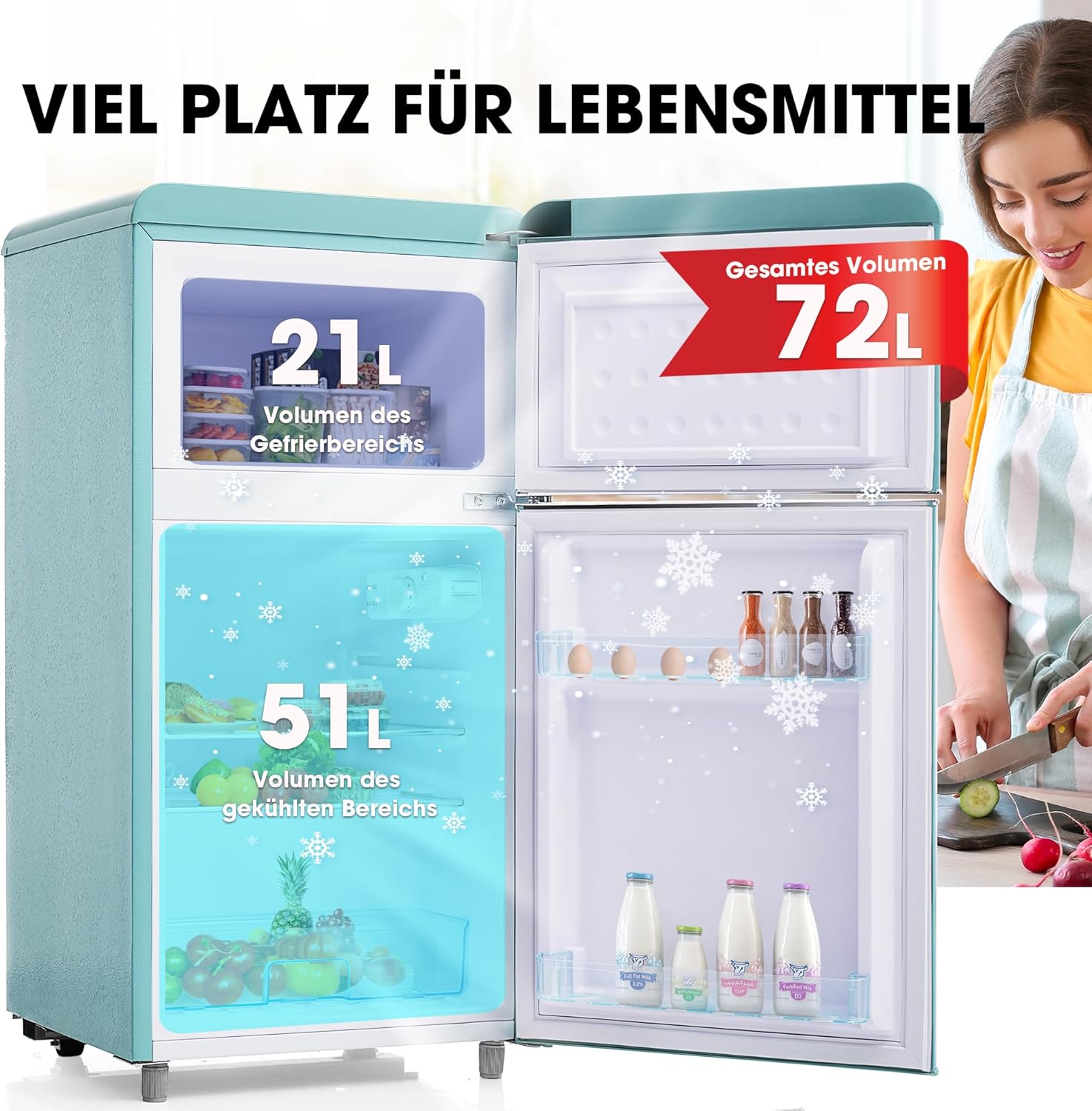 Merax Frigorifero con Congelatore, Frigorifero Combinato, Piccolo Frigorifero con 51L e Congelatore 21L, Silenzioso, LED, Ripiani in Vetro, Cassetto Verdura, Balconcini, per Cucina, Soggiorno, Ufficio, Nero