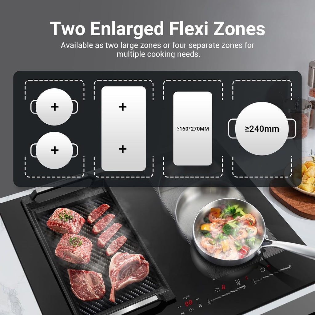 AMZCHEF Piano cottura a induzione con due zone flessibili, piano cottura a induzione a 4 zone con funzionamento silenzioso (42 dB), 9 livelli di potenza e Booster - Funzione BBQ, funzione Pausa e Mantieni caldo, 7400 W