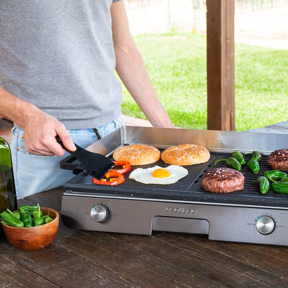 Cecotec Elektrischer Grill Perfect Country 2000 EasyMove. 2000 W, Mix- und Antihaft-Oberfläche, klappbarer Deckel, einstellbares Thermostat, Fettauffangschale, Stahlbeine und Räder
