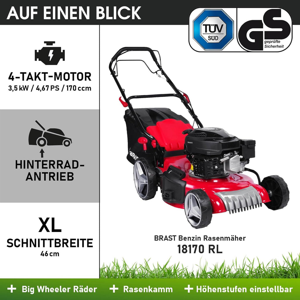 BRAST® Benzin Rasenmäher mit Antrieb | 3,5kW (4,76PS)-5,2kW(7PS) | 46-51cm Schnittbreite | viele Modelle | TÜV | 4 Takt OHV Motor | 30-80mm Schnitthöhe | 60L Fangkorb | Stahlgehäuse | RED LINE 7PS