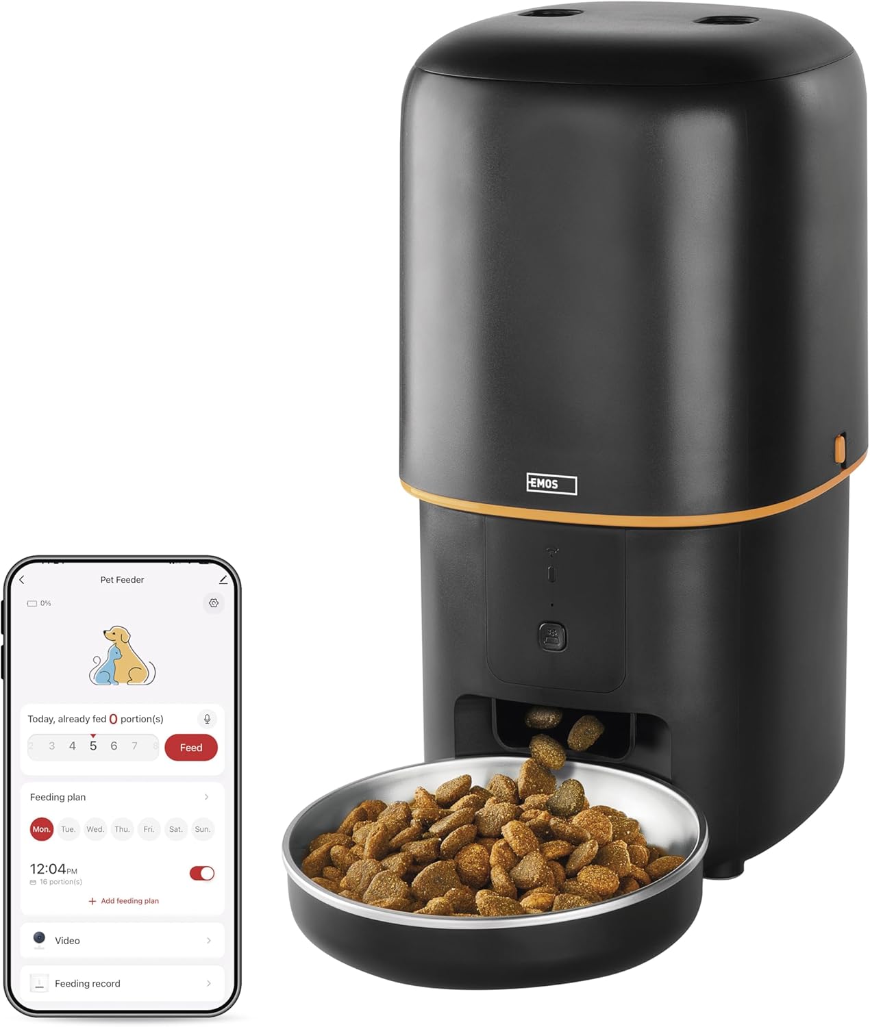 EMOS - GoSmart Futterautomat 6 l mit Kamera - WLAN Pet Care Futterspender mit App - Trockenfutter Automat für Katze & Hund mit Zeitplan, Sprachaufzeichnung, Dosierung 1–12 Mahlzeiten pro Tag - Schwarz
