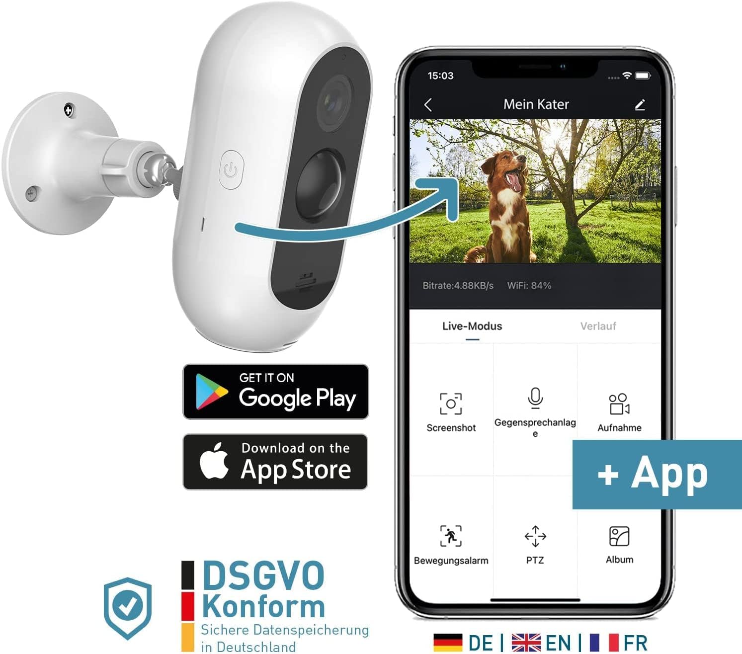 PetTec – Pet Cam Buddy Haustierkamera Futterautomat 8L für Katzen- & Hunde-Trockenfutter – Automatischer Futterspender mit WLAN & App-Steuerung -Inkl. 2-Wege-Audio, Bellerkennung & Nachtsicht
