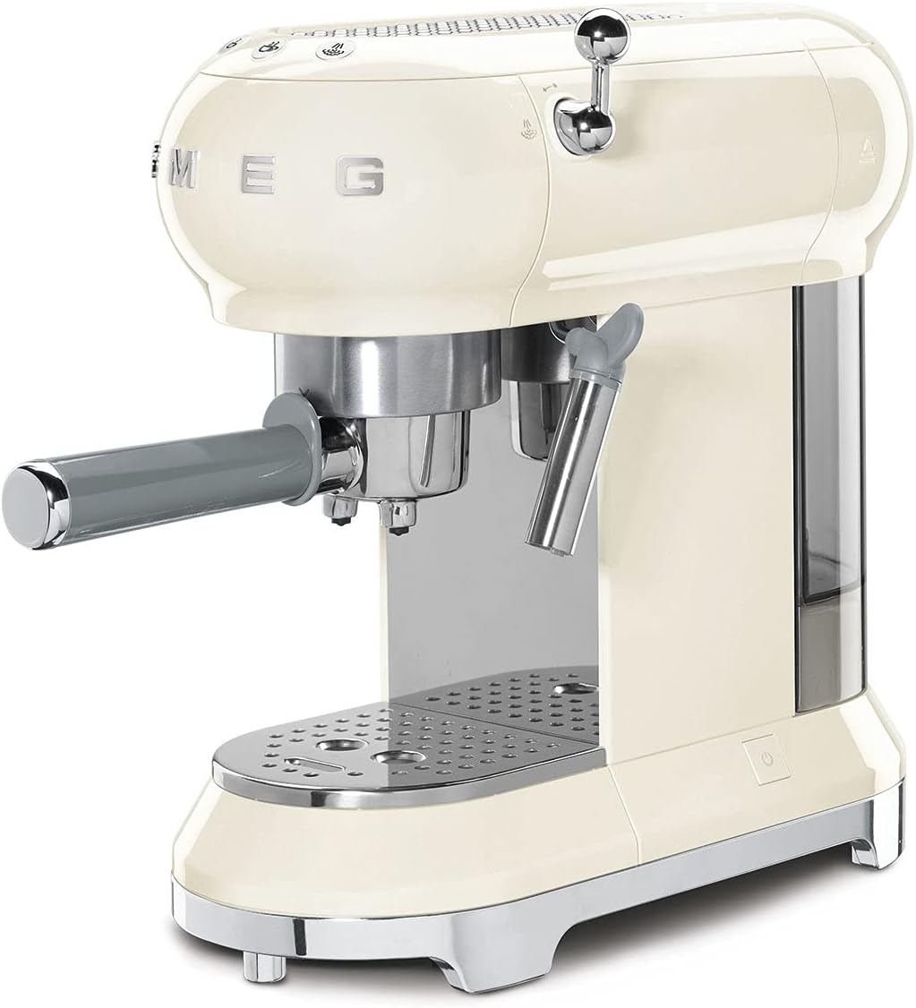 Smeg, ECF01WHEU Macchina da Caffè Espresso Manuale, Sistema Cappuccino, Thermoblock, Alloggiamento Tazze Grandi e Funzione Doppio Caffè, Serbatoio Acqua 1 l, Dimensioni Compatte, 1350W, Bianco