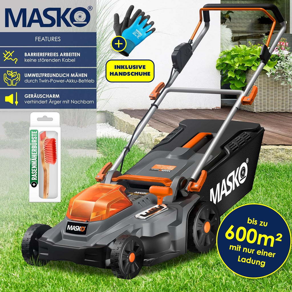 MASKO® Rasenmäher mit Mulchfunktion inkl. Zubehör, Akku Li-Ion Batterie 4Ah und Ladegerät – Rasentrimmer Schnittbreite 33cm 5 fache 25-75mm Schnitthöhenverstellung Fangkorb 30 Liter bis 150m² Flächen