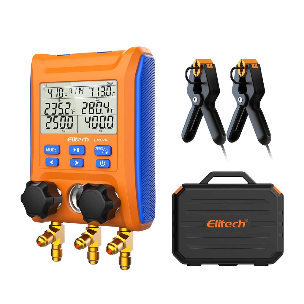 Elitech Kältetechnik Manometro Digitale Collettore di Ricarica, Set Manometrico Digitale ad Alta Precisione Tester Perdite di Pressione Temperatura Vuoto per Frigoriferi LMG-10