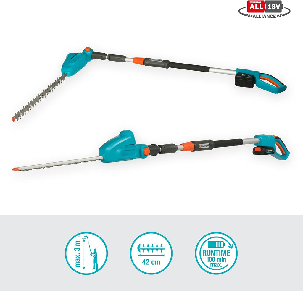 Gardena Tagliasiepi Telescopico a Batteria THS 42/18V P4A Set Pronto all'Uso: Tagliasiepi fino a 3 m di portata, lama da 42 cm, testa orientabile, incl. batteria 18V P4A (14732-20)