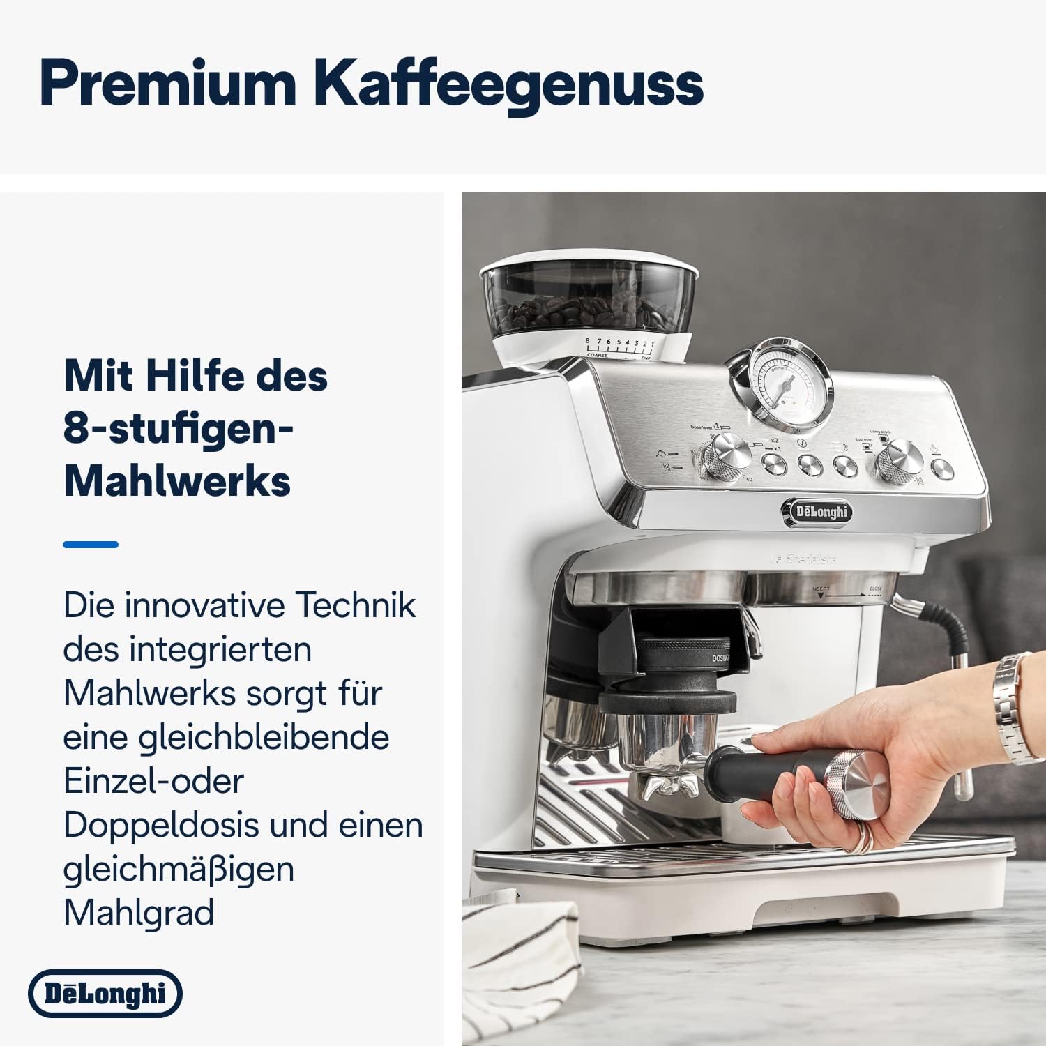 De'Longhi La Specialista Arte EC9155.MB Macchina da Caffè Espresso con Macinacaffè, 8 Livelli di Macinatura, 15 Bar, 3 Temperature, Lancia Vapore, 1300 W, Serbatoio 1.5 l, Acciaio Inox/Nero incluso Barista-Kit