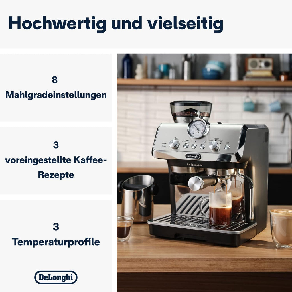 De'Longhi La Specialista Arte EC9155.MB Macchina da Caffè Espresso con Macinacaffè, 8 Livelli di Macinatura, 15 Bar, 3 Temperature, Lancia Vapore, 1300 W, Serbatoio 1.5 l, Acciaio Inox/Nero incluso Barista-Kit