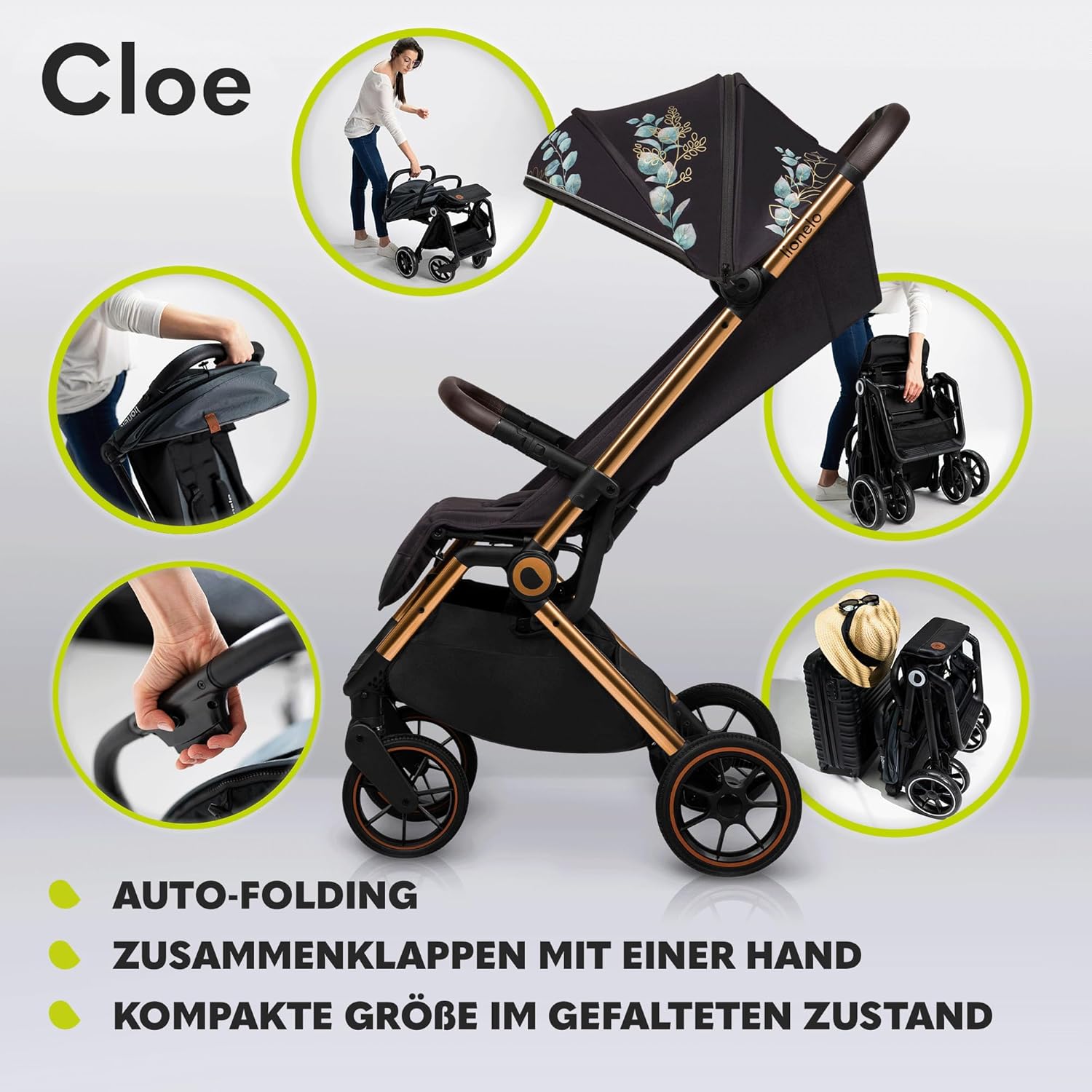 LIONELO Cloe Passeggino Pieghevole fino a 22 kg, Schienale Regolabile Funzione Nanna, Imbracatura a 5 Punti Grandi Ruote Girevoli Zanzariera Porta Bicchieri Leggero Compatto Impermeabile