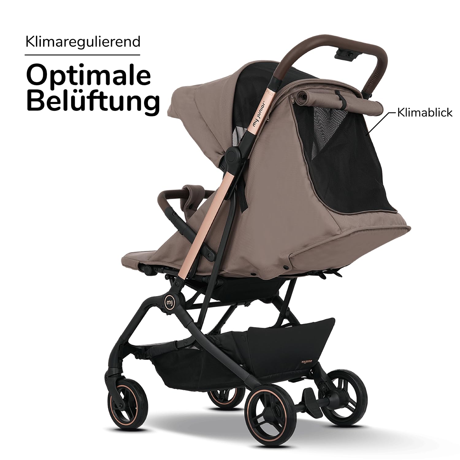 my junior® Buggy PICO³ | bis 22kg | Einhand AutoFold-Klappmechanismus | Ergonomische Liegeposition nach IGR e.V. | großes Sonnenverdeck UV50+ | Handgepäckmaß | 2 Belüftungsfenster Hazel - Black