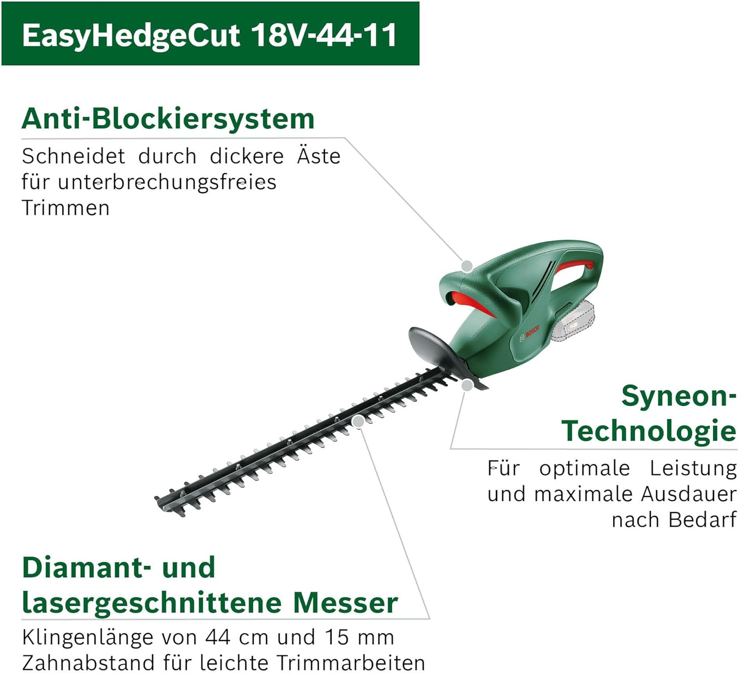 Bosch Akku Heckenschere EasyHedgeCut 18-45 (2 Akkus 2,0 Ah, 18-Volt-System, Messerlänge 45 cm, im Karton)