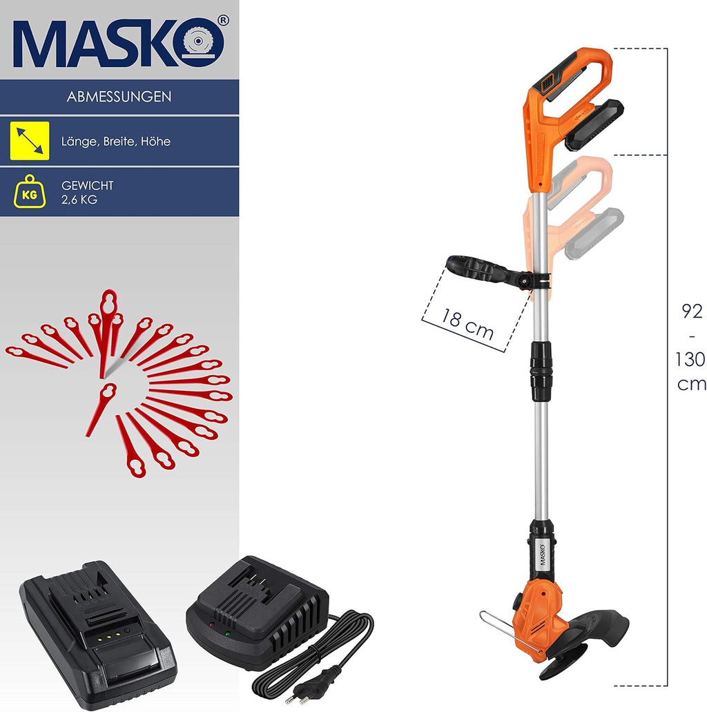 MASKO Decespugliatore a batteria con batteria al litio da 20 V, batteria da 2,0 Ah e caricabatterie, larghezza di taglio 26 cm, angolo di taglio 180°, manico telescopico e impugnatura aggiuntiva, incl. 20 lame in plastica, grigio