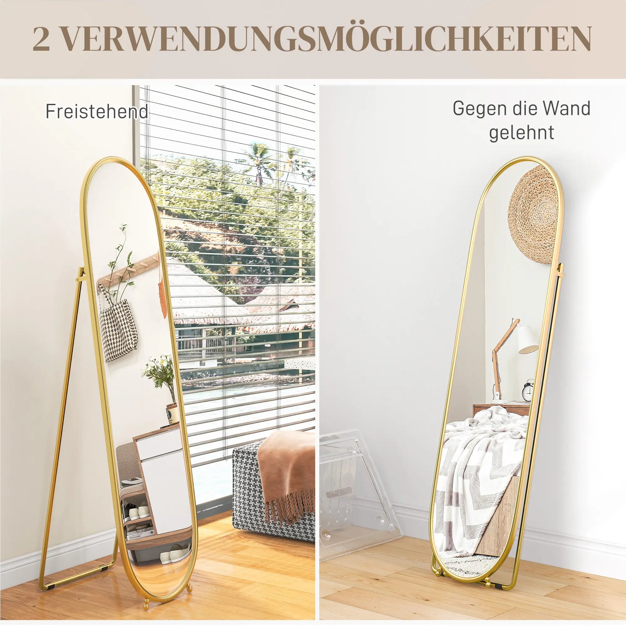 HOMCOM Standspiegel oval Ganzkörperspiegel Splitterschutz Gold