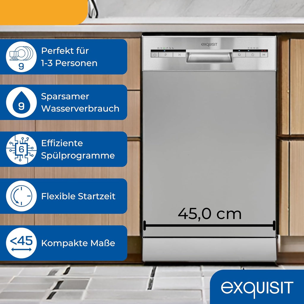 Exquisit Lavastoviglie, 9 Coperti, Lavastoviglie 45 cm, Power+, Modalità ECO, Lavastoviglie 45 cm, GSP59109-030E argento