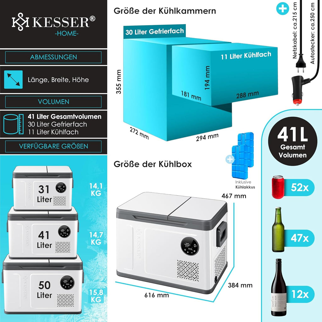 KESSER® Frigorifero Portatile a Compressore 2in1 Doppia Zona Fredda & Congelatore, Box Congelatore Elettrico con 2x Ghiaccioli & Controllo Touch LED | Refrigerazione fino a -20 °C per Campeggio, Auto, Camion 12/24V 230V