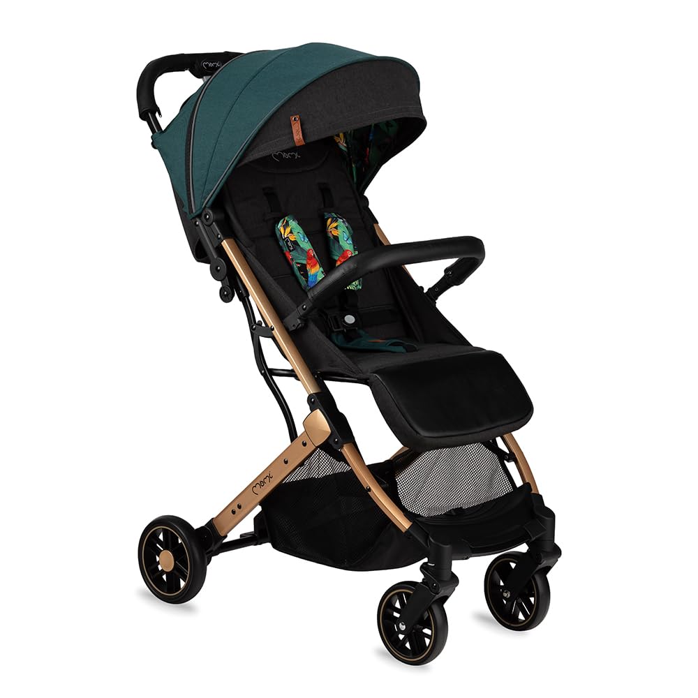 MOMI ESTELLE Kinderwagen für Kinder ab 6 Monat bis zu max körpergewicht von 15 kg, klappbar auf die Maße 65 x 51 x 21 cm, gewicht 7,5 kg, 5-Punkt-Sicherheitsgurt, koffer, grau-gold, Räder 6''/6,5''