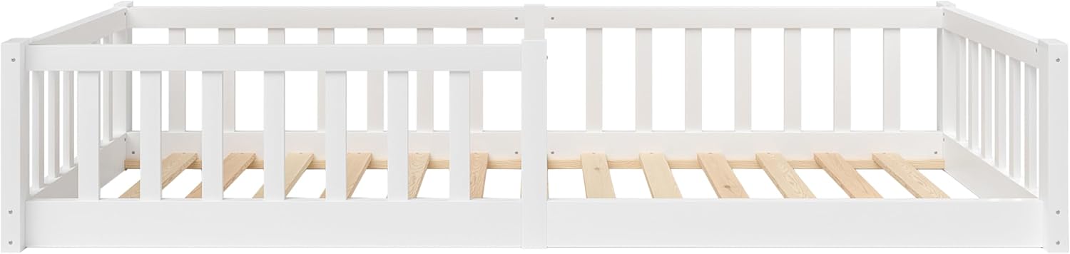 Bellabino Vere Letto a Pavimento 140x200 Montessori, Letto Matrimoniale con Protezione Anticaduta e Rete a Doghe, Letto per Bambini e Bambine in Legno Massello di Pino Bianco con Sbarre