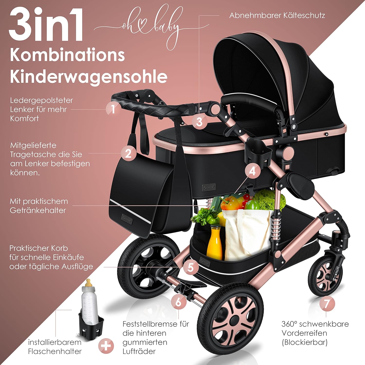 KESSER Passeggino trio Loops 3 in 1, set completo con navicella, seduta sportiva e seggiolino auto con pneumatici in gomma piena, borsa fasciatoio, parapioggia, tavolino, ECE R129, nero/champagne