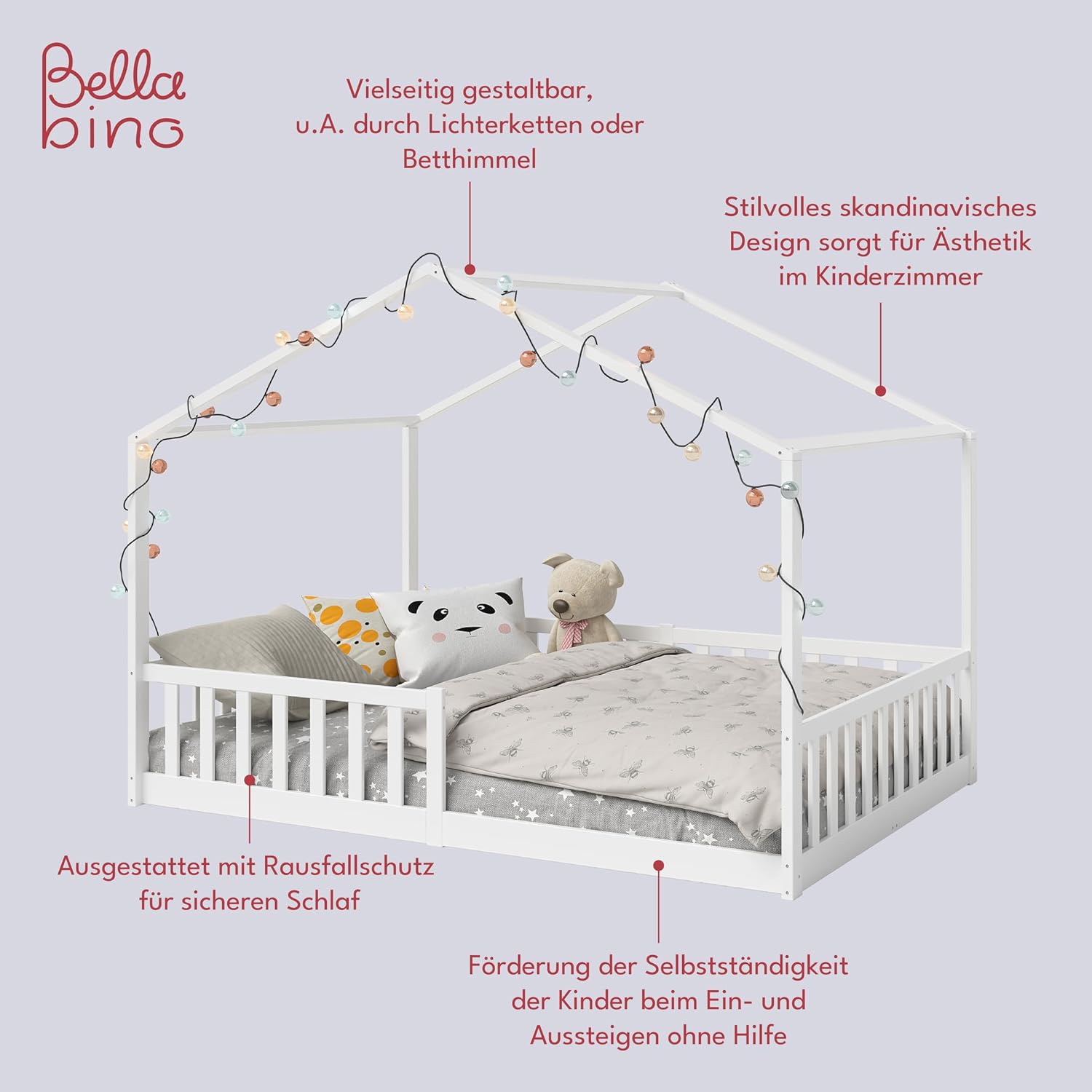 Bellabino Lettino per bambini Bia 140x200 cm, letto a capanna per bambini con protezione anticaduta e rete a doghe arrotolabile, letto a terra Montessori bianco in legno massello di pino