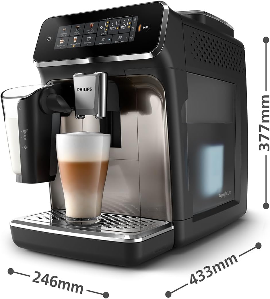 Macchina da caffè espresso automatica Philips Serie 2300 - 4 bevande, display touch a colori moderno, sistema del latte LatteGo, SilentBrew, macine in ceramica, filtro AquaClean. Cromata bianca (EP2333/40)