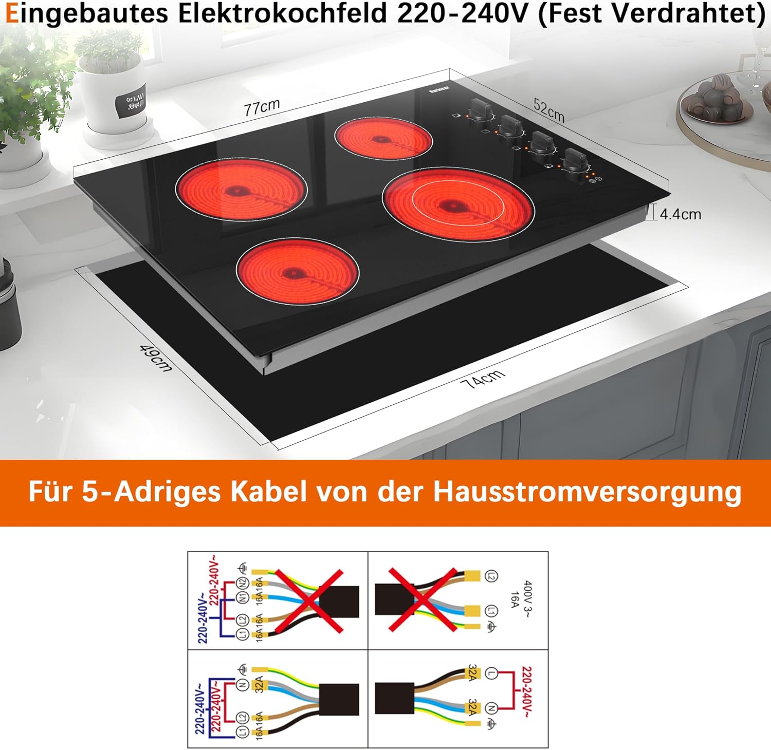 Karinear Einbau-Kochfeld aus Glaskeramik, 4 Kochfelder, mit doppelter ausziehbarer Zone, integrierter elektrischer Tisch mit Touch-Steuerung, Timer, Verriegelung für Kinder, 6600 W