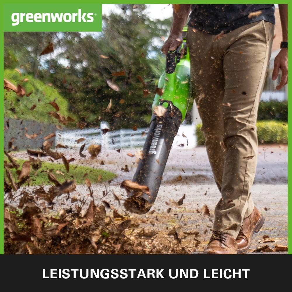 Greenworks G40ABK2 Axial Laubblser mit Tempomat, 177 km/h, 11,05 m/min, 40V 2Ah Batterie & Ladegert, 3 Jahre Garantie