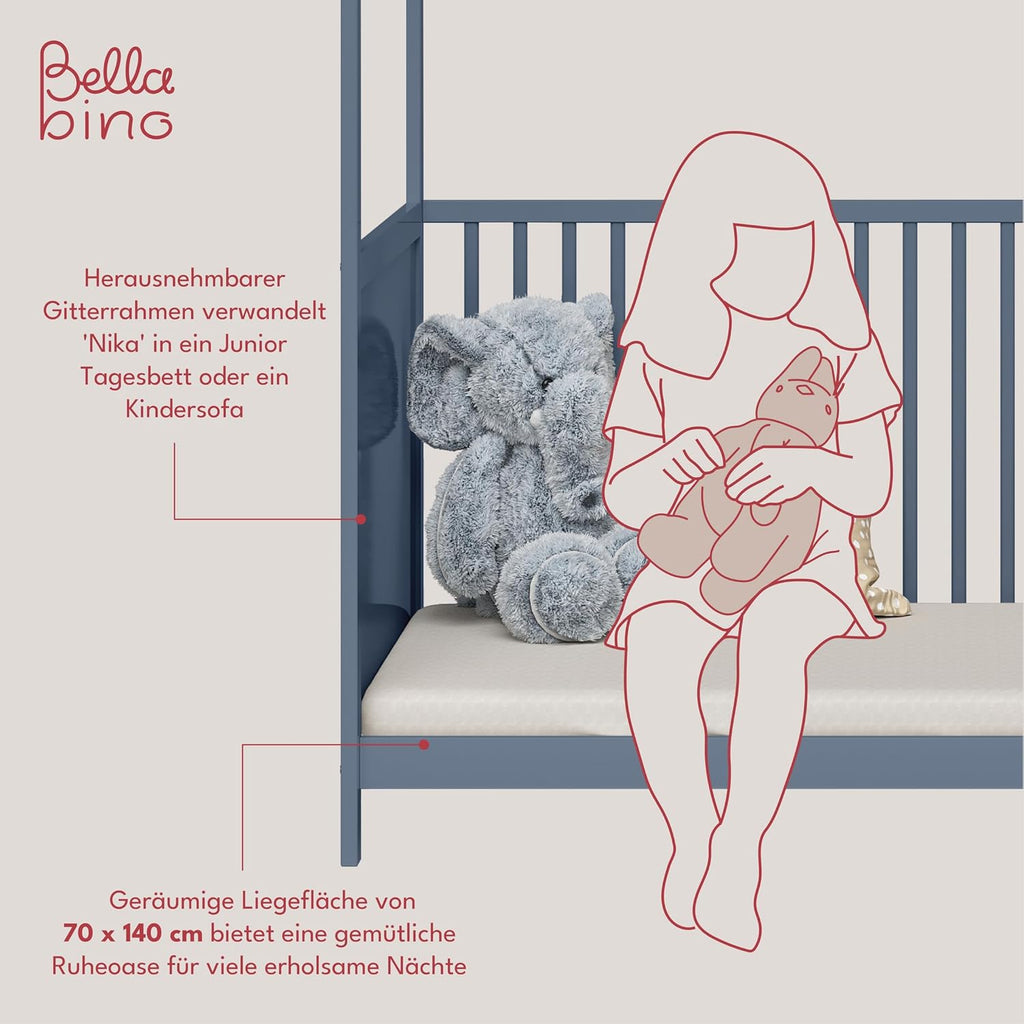 Bellabino Nika Lettino a capanna 70 x 140 cm, letto con sbarre e lettino a capanna per bambini e neonati in pino massiccio bianco, regolabile in altezza su 3 posizioni, incl. rete a doghe