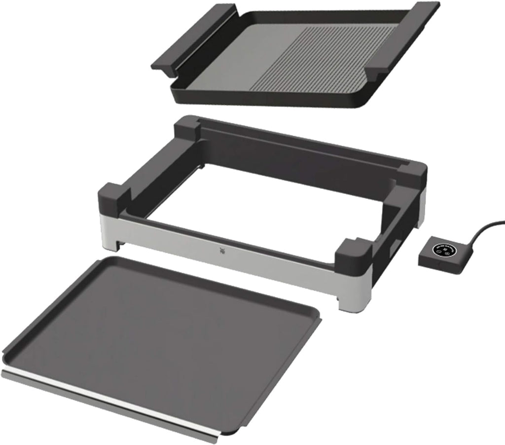 WMF Lono Barbecue elettrico da tavolo con coperchio in vetro, piastra rivestita, vaschetta raccogli-grasso rimovibile, lavabile in lavastoviglie, acciaio inox opaco, 2200 Watt