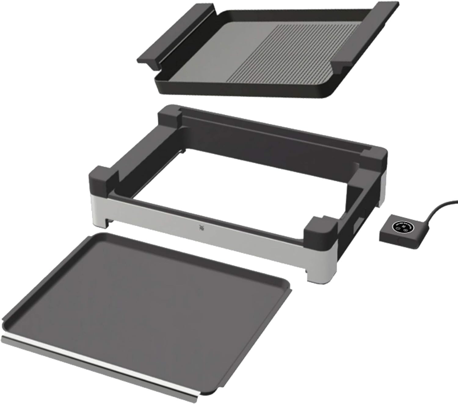 WMF Lono Barbecue elettrico da tavolo con coperchio in vetro, piastra rivestita, vaschetta raccogli-grasso rimovibile, lavabile in lavastoviglie, acciaio inox opaco, 2200 Watt