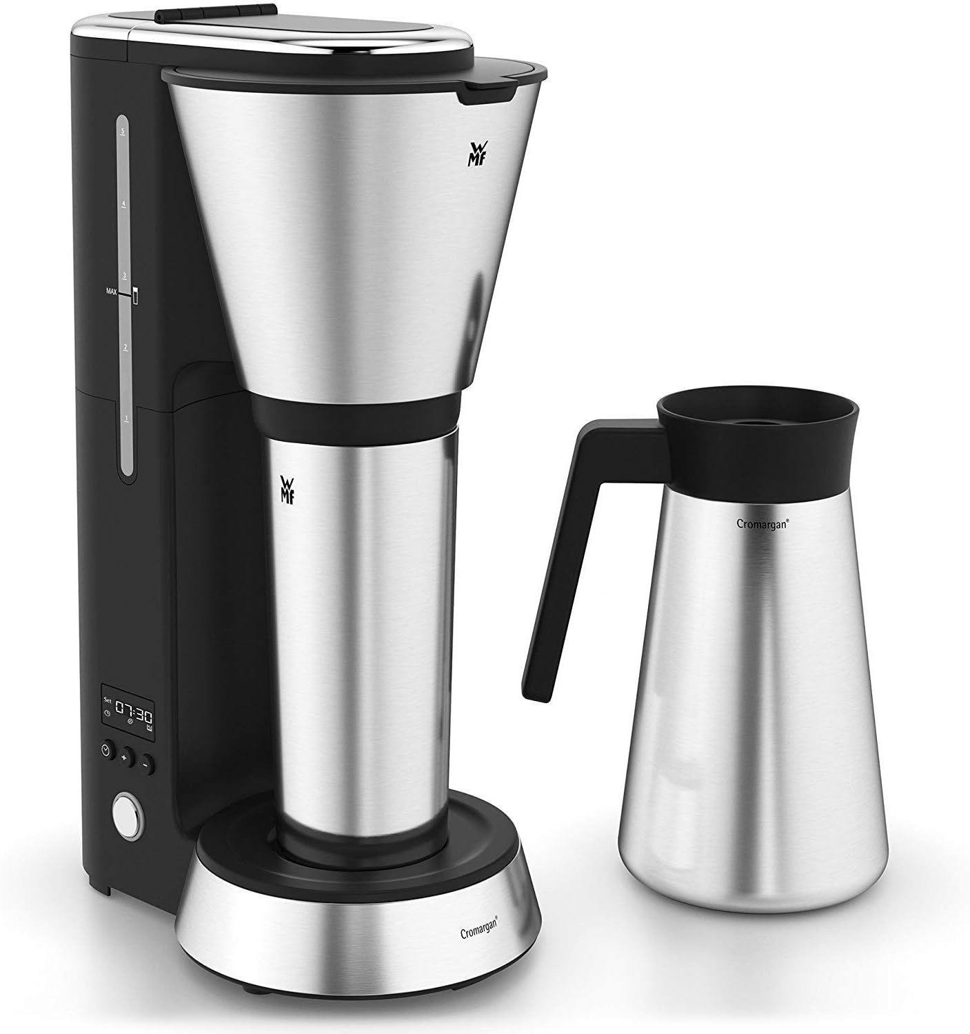 WMF Küchenminis Macchina da caffè con filtro Aroma, 870 Watt, Cromargan opaco e Tostapane 1 fetta a fessura lunga Küchenminis per Toast XXL, accessorio per panini, 7 livelli di doratura, protezione surriscaldamento 600W, Acciaio inox opaco