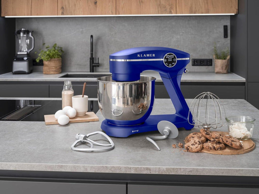 Impastatrice Planetaria KLAMER 1800W, con Ciotola in Acciaio Inossidabile da 6 Litri, 10 Velocità con Timer, Frusta a Filo, Gancio Impastatore, Frusta Piatta e Paraspruzzi