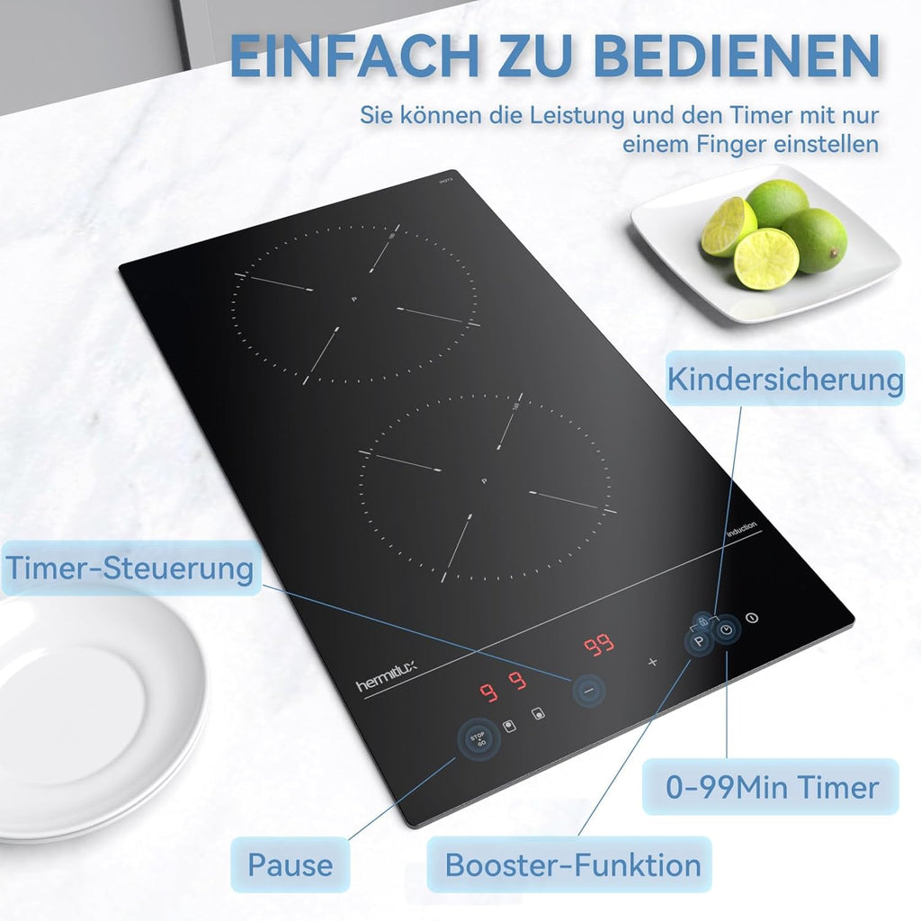Induktionskochfeld 60cm, Eingebautes Schwarzes elektrisches Kochfeld, mit 4 Kochzonen, 9 Leistungsstufen, Geeignet für Eisen- und Edelstahltpf