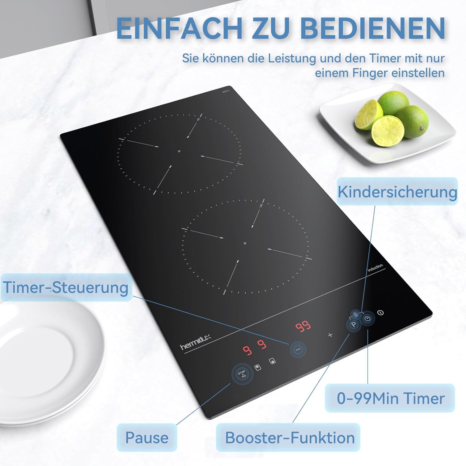 Induktionskochfeld 60cm, Eingebautes Schwarzes elektrisches Kochfeld, mit 4 Kochzonen, 9 Leistungsstufen, Geeignet für Eisen- und Edelstahltpf