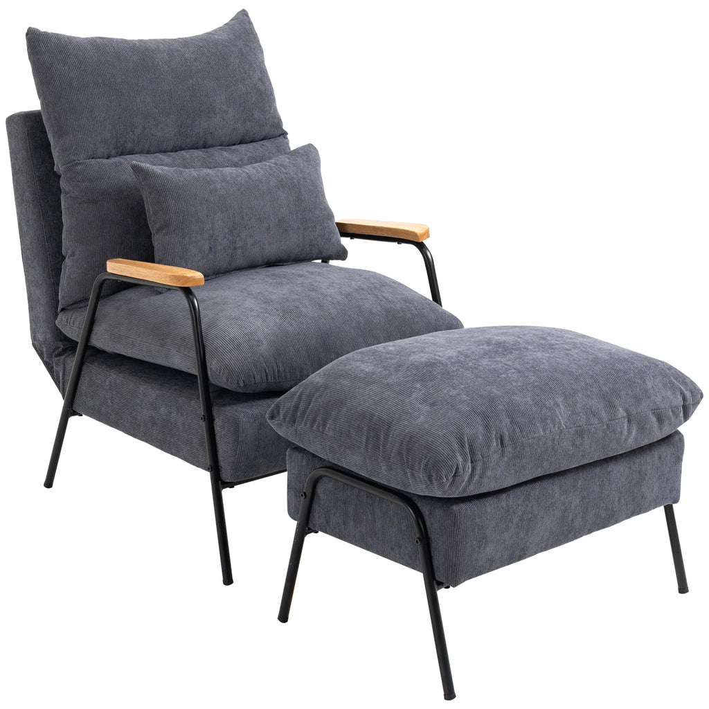 HOMCOM Relaxsessel mit Hocker verstellbare Rückenlehne Set Cord Grau