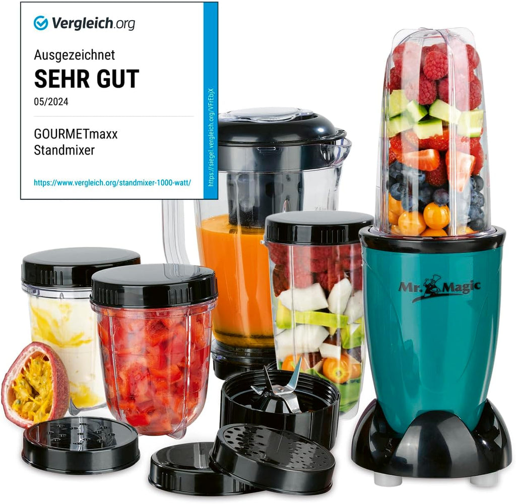 GOURMETmaxx Frullatore per Smoothie e Frullatore a Immersione Set da 18 pezzi - 400W | Frullatore Elettrico da 750ml, Mixer con 4 Bicchiere To-Go, 2 Lame, Spremiagrumi, Piedistallo e Coperchio | Lavabile in Lavastoviglie, a Prova di Perdite e Senza BPA