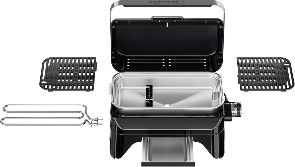 Campingaz Grill Attitude2go, grill a gas ed elettrico, grill da tavolo, grill portatile da balcone/campeggio, con coperchio, termometro e griglia in ghisa, funzionamento a gas o elettrico