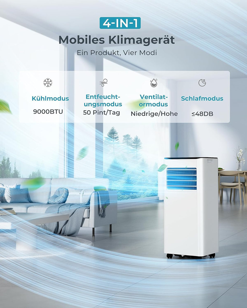 Condizionatore Portatile 9000 BTU con Tubo di Scarico | Climatizzatore Mobile 4-in-1 | Funzionamento Silenzioso