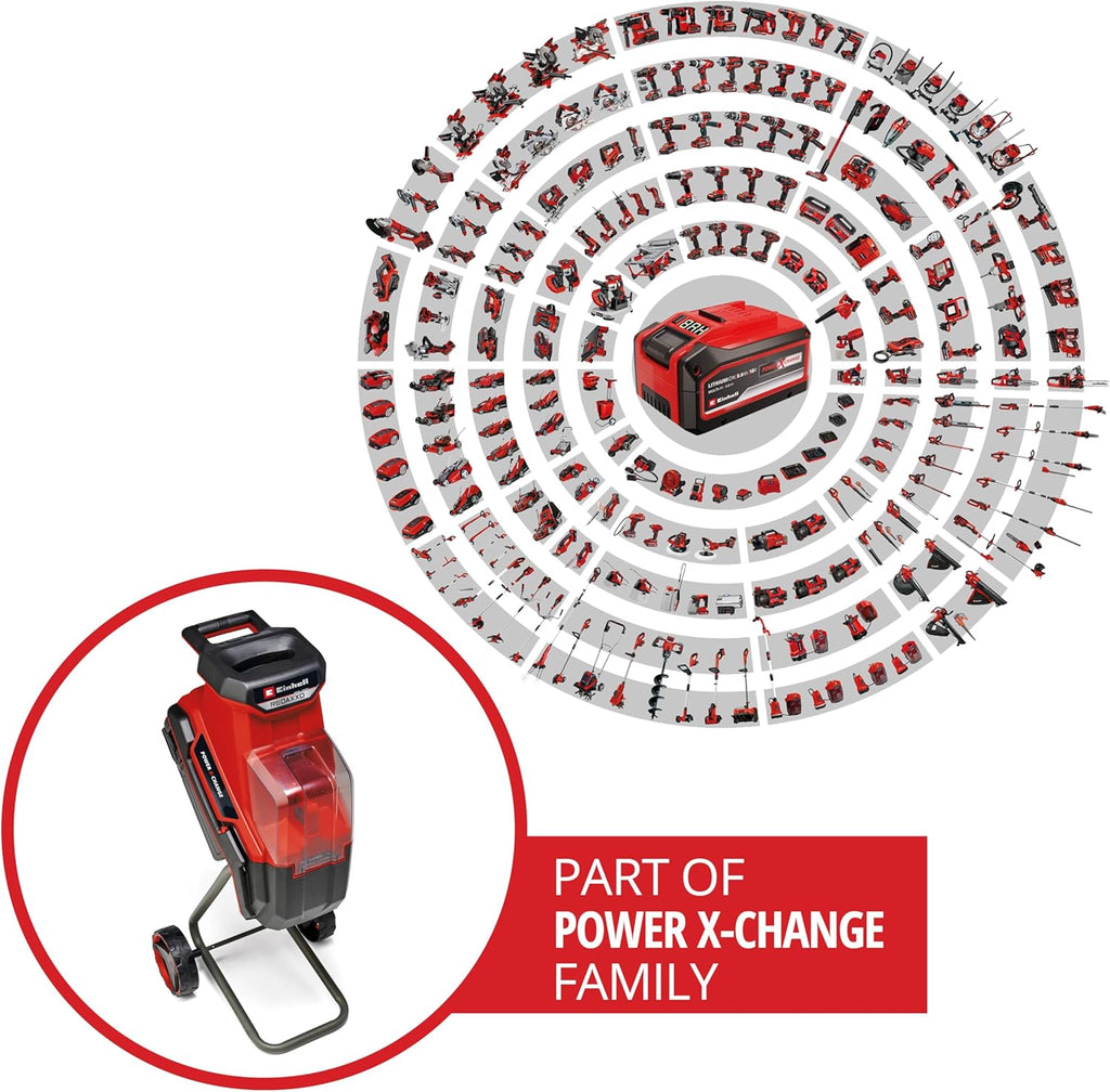 Einhell Trituratore a batteria REDAXXO 36/25 Power X-Change (36 V, spessore max. rami 25 mm, 3 lame reversibili in acciaio, sacco di raccolta da 55 L, impugnatura per il trasporto, pressore)