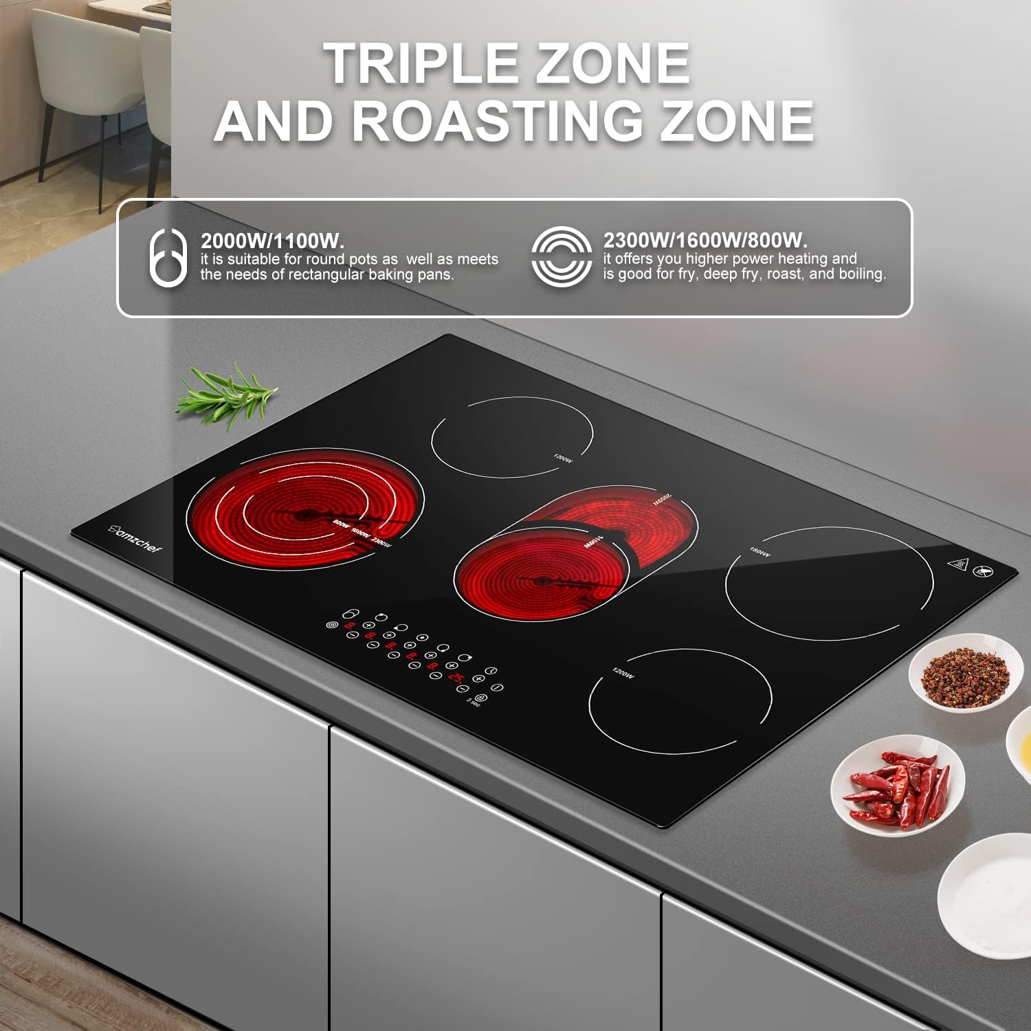 AMZCHEF Induktionskochfeld 60cm mit Zwei Flexzonen, 4 Zonen Induktionskochplatte mit Boost-Funktion und 9 Leistungsstufen, Touch-Bedienung, Timer, Sicherheitsschloss, Überhitzungsschutz, BBQ, 7200W