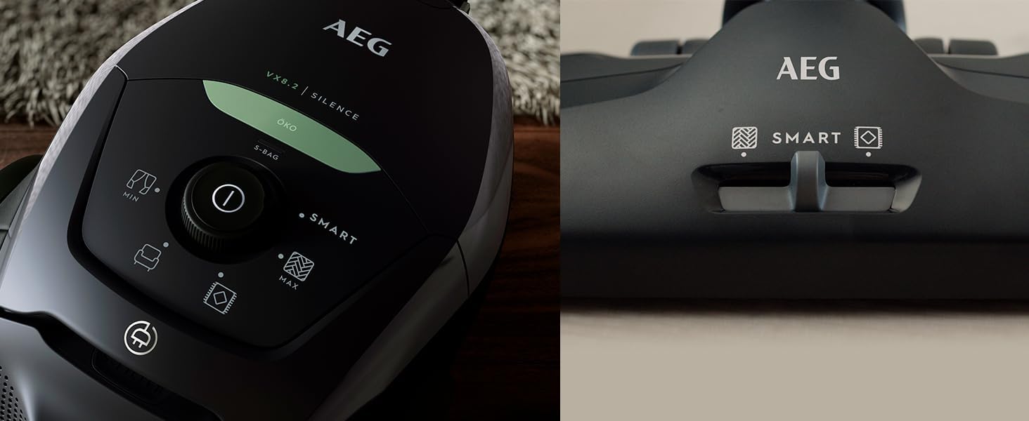 AEG VX82-1-KO Aspirapolvere / 75% materiale riciclato / regolazione automatica della potenza di aspirazione / estremamente silenzioso anche su tappeti / raccoglie particelle grandi + piccole / cavo lungo / 600W / nero
